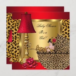 Baby Shower Girl Red Gold Roses Leopard Pram Invitation