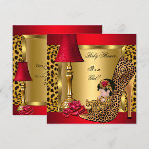 Baby Shower Girl Red Gold Roses Leopard Shoe 1 Invitation