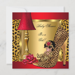 Baby Shower Girl Red Gold Roses Leopard Shoe AA Invitation