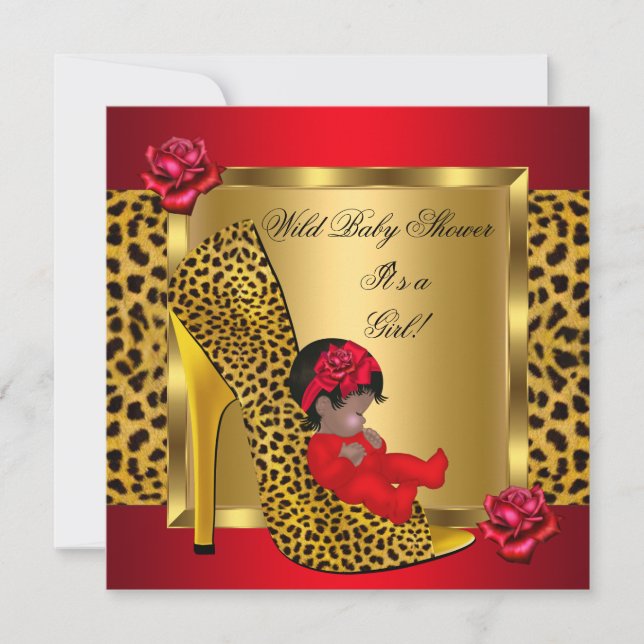 Baby Shower Girl Red Roses Gold Wild Leopard 2 Invitation (Front)