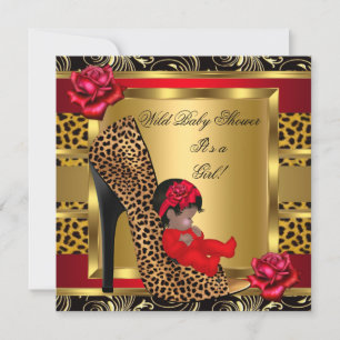 Baby Shower Girl Red Roses Gold Wild Leopard 3 Invitation