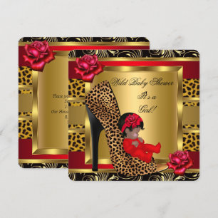 Baby Shower Girl Red Roses Gold Wild Leopard 3 Invitation