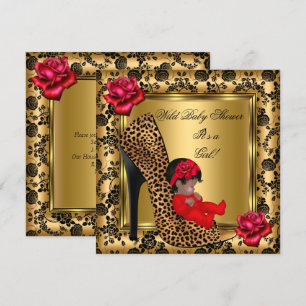 Baby Shower Girl Red Roses Gold Wild Leopard 4 Invitation