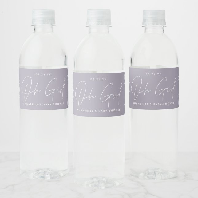 Baby shower girl script modern purple elegant water bottle label (Bottles)