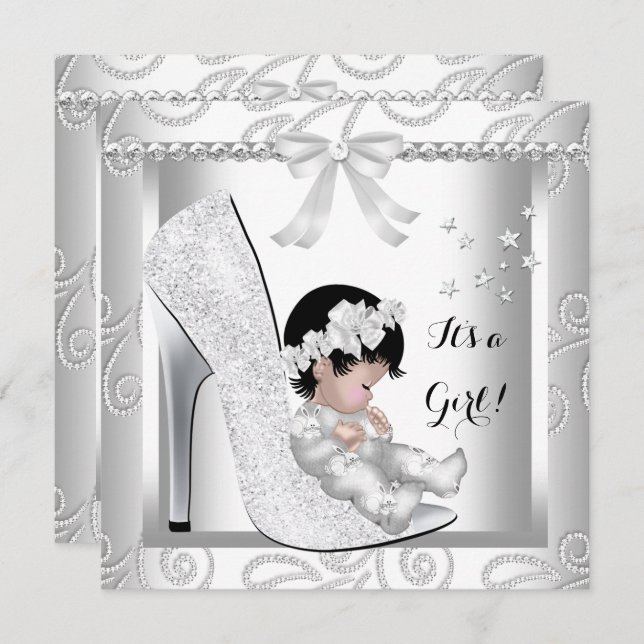 Baby Shower Girl Silver Grey White Diamond Shoe Invitation (Front/Back)