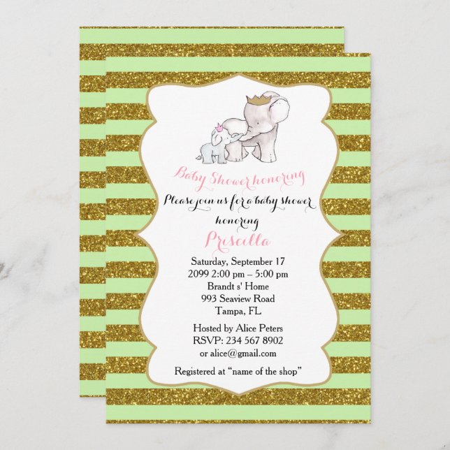 Baby Shower GIRL, strip,mint,glitter,elephants Invitation (Front/Back)