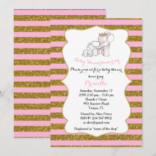 Baby Shower GIRL, strip,pink,glitter,elephants Invitation