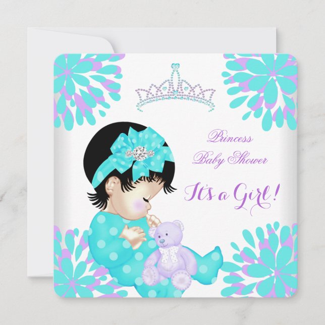 Baby Shower Girl Sweet Baby Teal Purple Bear Invitation (Front)