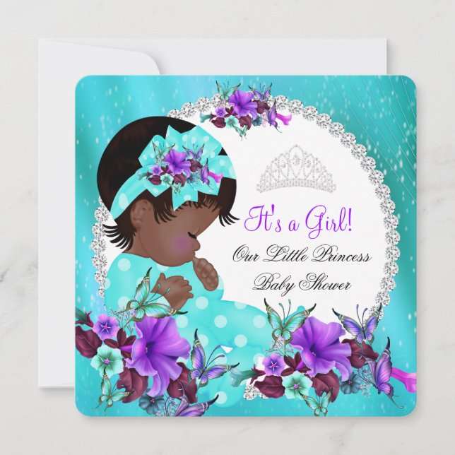 Baby Shower Girl Teal Blue Purple Floral Invitation (Front)