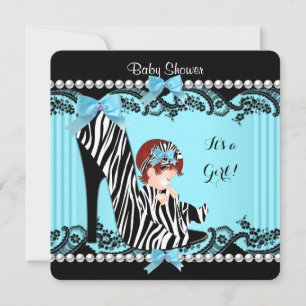 Baby Shower Girl Teal Blue Zebra Red Hair Invitation