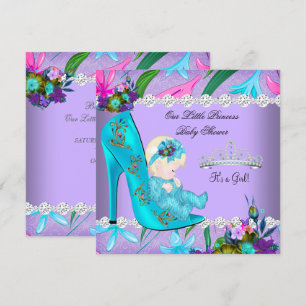 Baby Shower Girl Teal Purple Floral Shoe Blonde Invitation