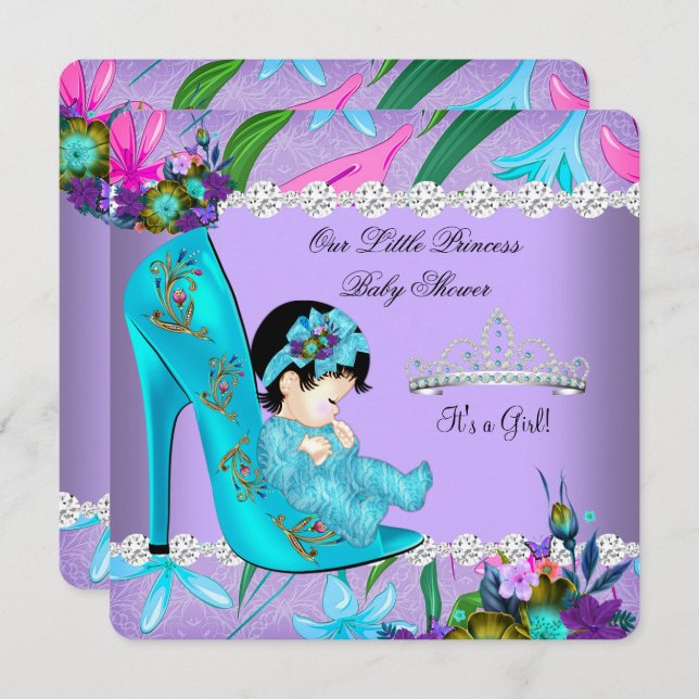 Baby Shower Girl Teal Purple Floral Shoe Invitation (Front/Back)