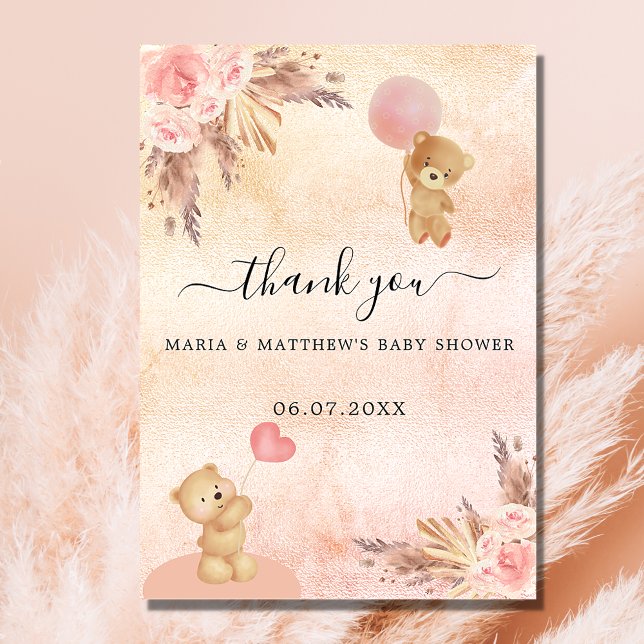 Baby Shower girl teddy bear pampas thank you card (Creator Uploaded)