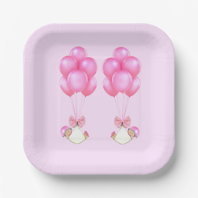 Baby Shower Girl Twins Paper Plate (Front)