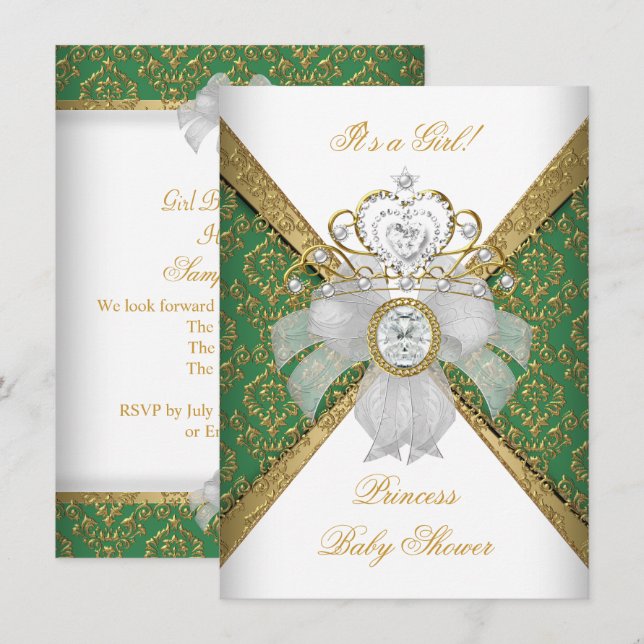 Baby Shower Girl White Green Princess Damask Invitation (Front/Back)