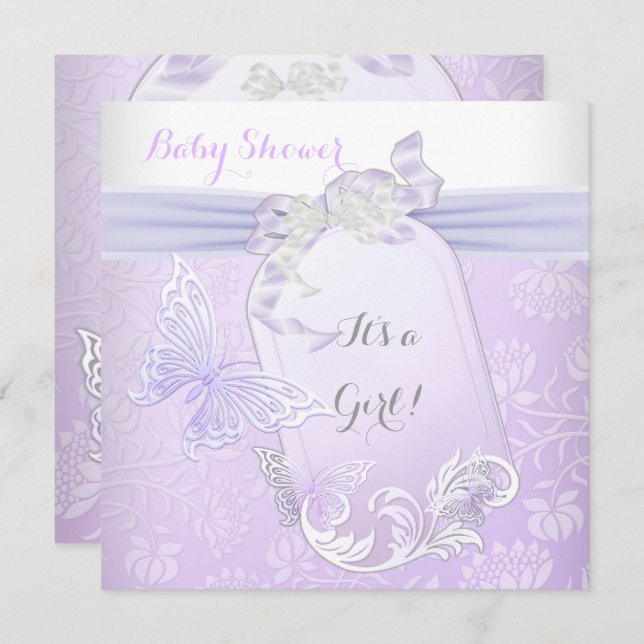 Baby Shower Girl White Lilac Princess Butterfly 2 Invitation (Front/Back)
