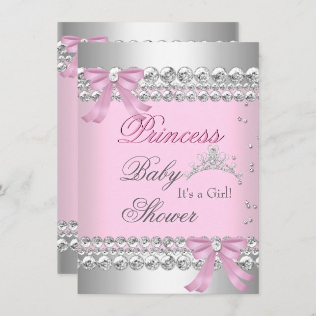 Baby Shower Girl White Pink Princess Tiara Gem 2 Invitation (Front/Back)