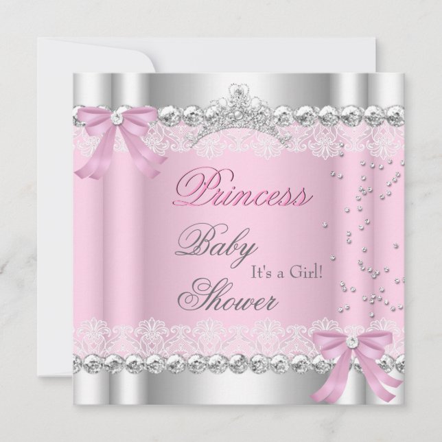 Baby Shower Girl White Pink Princess Tiara Lace Invitation (Front)