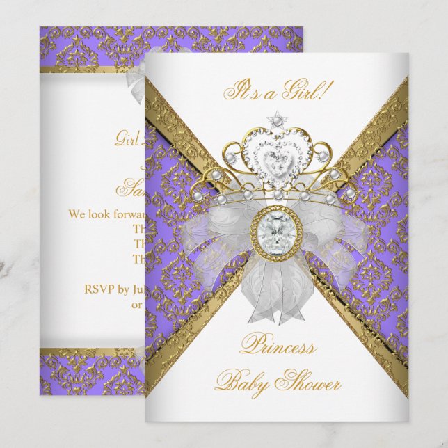 Baby Shower Girl White Purple Princess Damask Invitation (Front/Back)