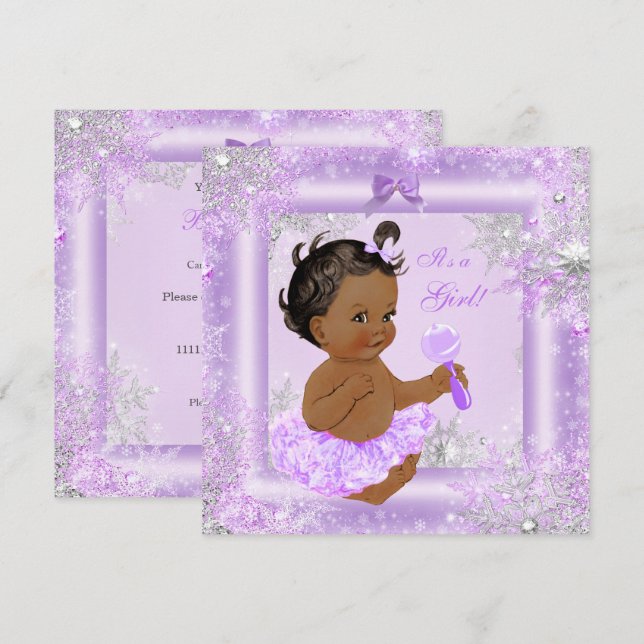 Baby Shower Girl Winter Lavender Snowflake Ethnic Invitation (Front/Back)