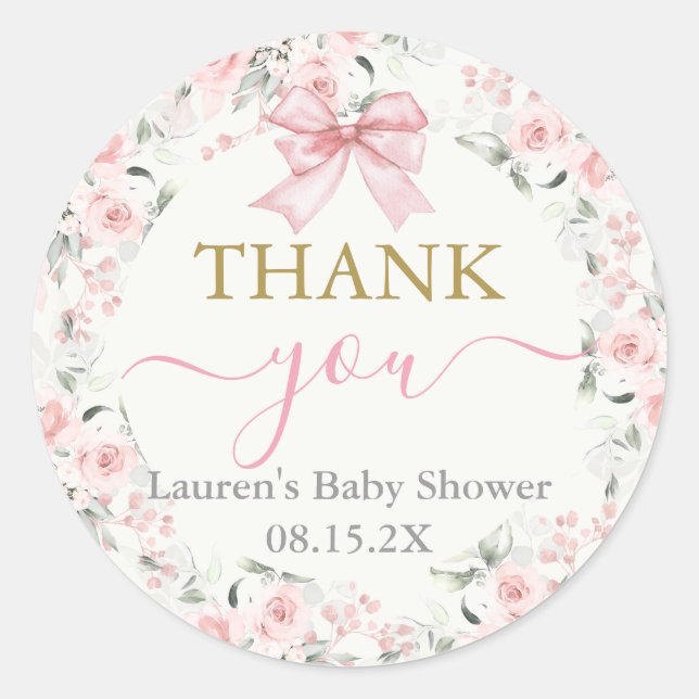 Baby Shower Girl with bow Classic Round Sticker (Front)