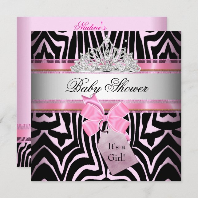 Baby Shower Girl Zebra Pink Princess Black Invitation (Front/Back)
