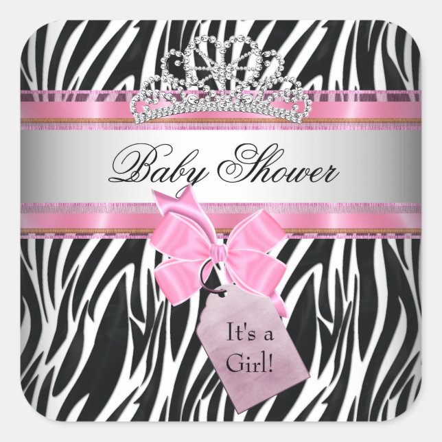 Baby Shower Girl Zebra Pink Princess Black Square Sticker (Front)
