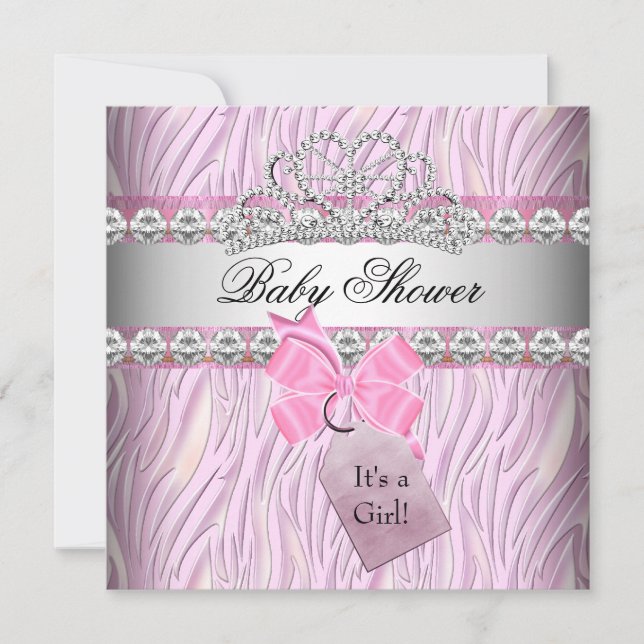 Baby Shower Girl Zebra Pink Princess Tiara Diamond Invitation (Front)