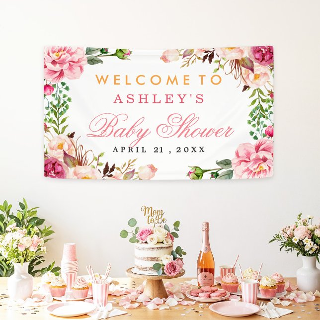 Baby Shower Girly Elegant Chic Pink Floral Banner (Creator Uploaded)