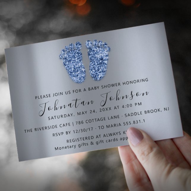Baby Shower Glitter Blue Feet Grey Boy Girl Invitation (Creator Uploaded)