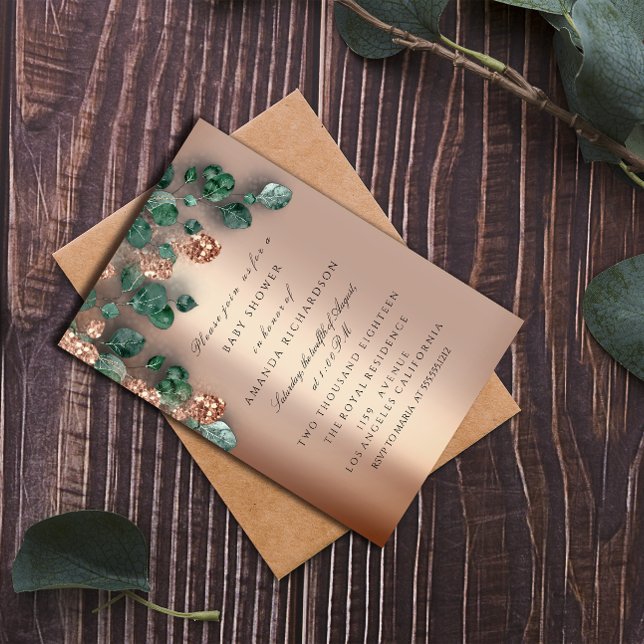 Baby Shower Glitter Feet Rose Glitter Eucalyptus Invitation (Baby Shower Glitter Feet Rose Glitter Eucalyptus Invitation)