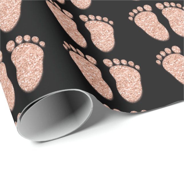 Baby Shower Glitter Girl Black Pink Rose Gold Feet Wrapping Paper (Roll Corner)