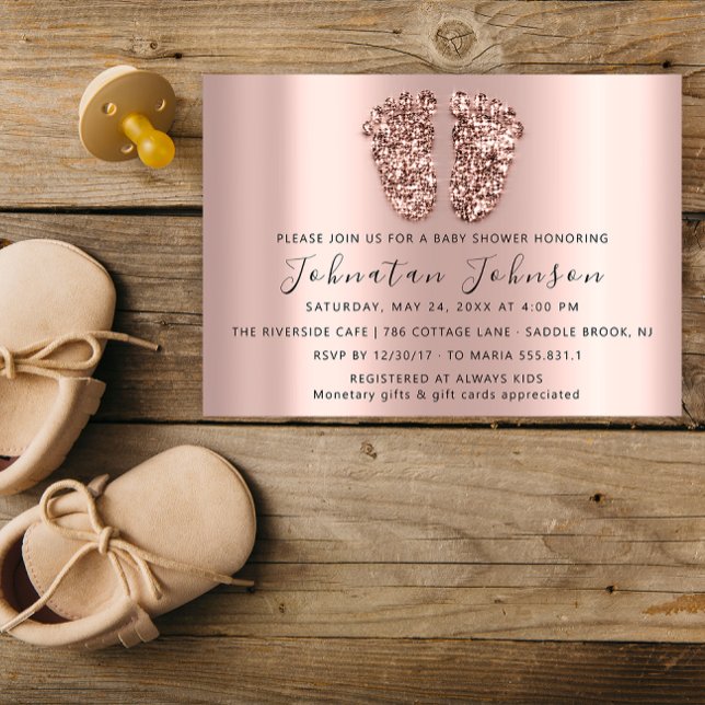 Baby Shower Glitter Rose  Gold Feet Grey Boy Girl Invitation (Baby Shower Glitter Rose Gold Feet Gray Boy Girl Invitation)