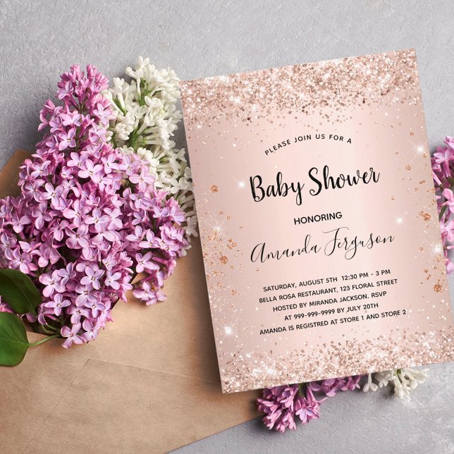 Baby Shower glitter rose gold metal girl Invitation Postcard (Creator Uploaded)