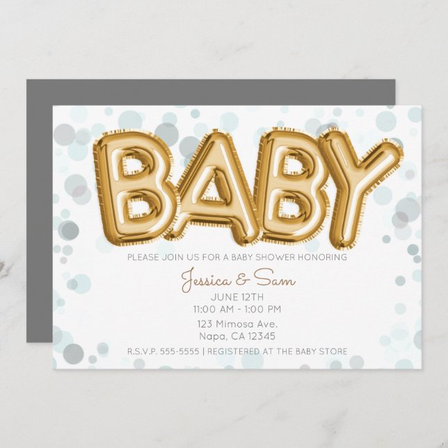 BABY Shower Gold Balloons Modern Chic Grey Dots Invitation (Front/Back)