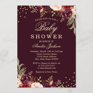 Baby Shower Gold Burgundy floral Sparkle Invitation