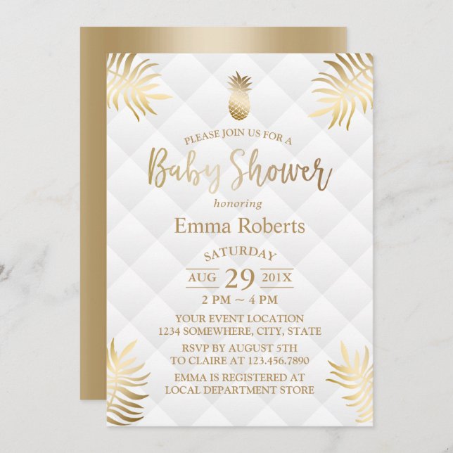 Baby Shower Gold Pineapple Elegant Tropical Invitation (Front/Back)