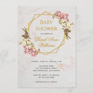 Baby Shower Gold Pink Orchids Floral Geometric Invitation