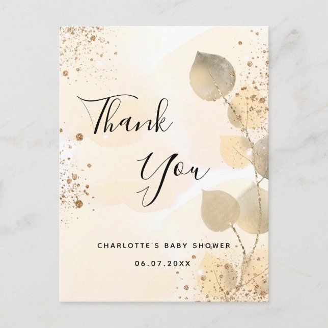 Baby Shower golden eucalyptus glitter thank you Postcard (Front)