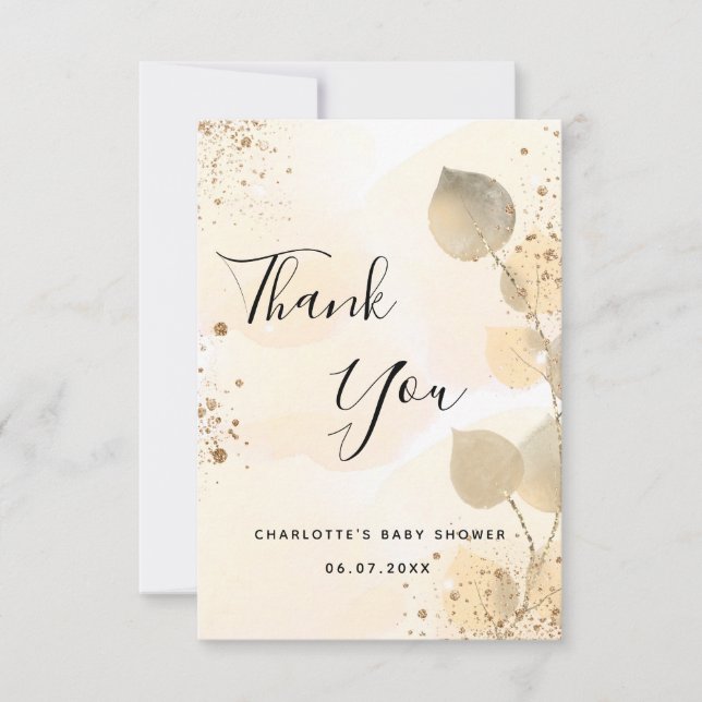 Baby Shower golden eucalyptus modern glitter Thank You Card (Front)