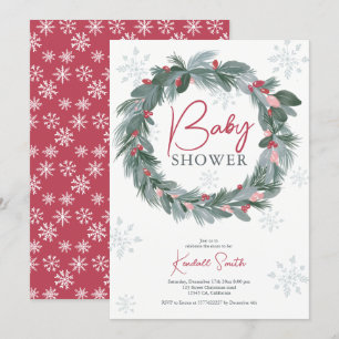 Baby shower green blue red floral Christmas wreath Invitation