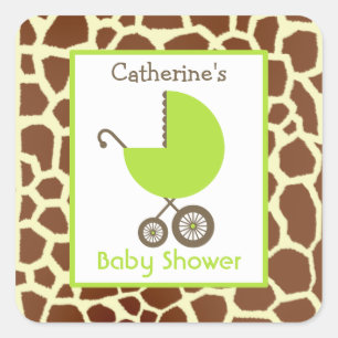 Baby Shower Green Carriage & Giraffe Print Square Sticker
