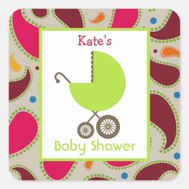 Baby Shower Green Carriage & Giraffe Print Square Sticker (Front)