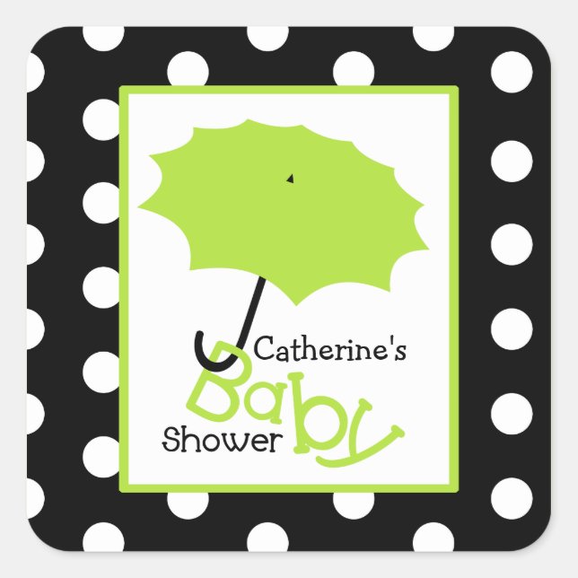 Baby Shower Green Umbrella & Polka Dots Square Sticker (Front)