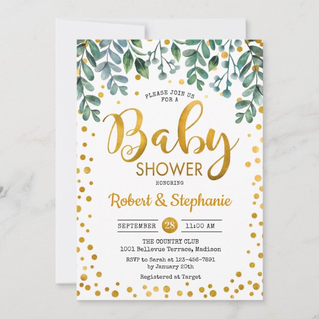 Baby Shower - Greenery Botanical Gold Invitation (Front)