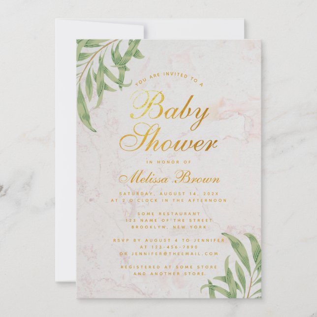 Baby Shower Greenery Marble Faux Gold Foil Script Invitation (Front)