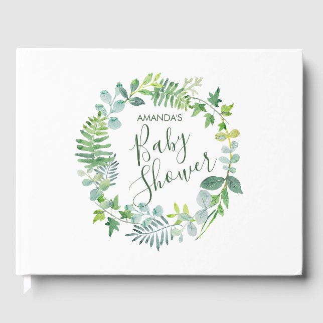 Baby Shower Greenery Watercolor Wreath Guest Book (Front)
