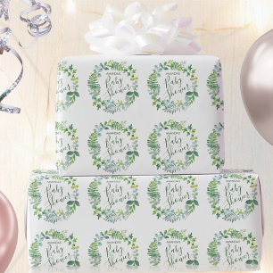 Baby Shower Greenery Wreath Personalised Name Wrapping Paper