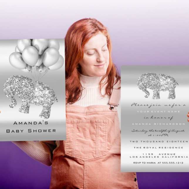 Baby Shower Grey Balloon Elephant Girl Boy Silver Invitation (Creator Uploaded)