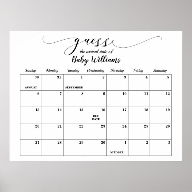 Baby Shower Guess Due Date Calendar Poster (Front)